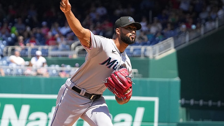 Sep 3, 2023; Washington, District of Columbia, USA;  Miami Marlins pitcher Sandy Alcantara (22) delivers a pitch against the Washington Nationals during the first inning at Nationals Park. Mandatory Credit: Gregory Fisher-USA TODAY Sports