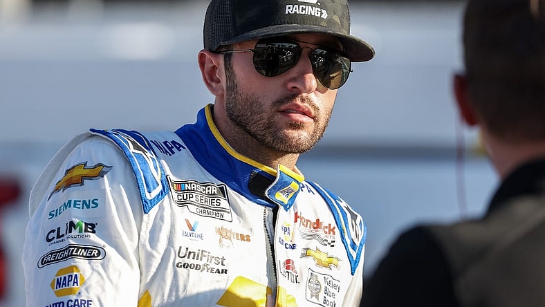 Sep 3, 2023; Darlington, South Carolina, USA; NASCAR Cup Series driver Chase Elliott (9) on pit road prior to the NASCAR Cook Out Southern 500 at Darlington Raceway. Mandatory Credit: David Yeazell-USA TODAY Sports