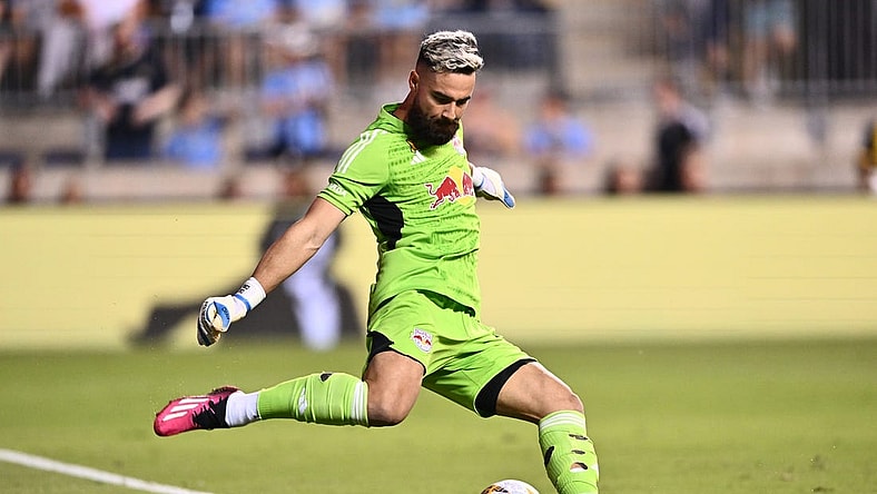 Sep 3, 2023; Philadelphia, Pennsylvania, USA; New York Red Bulls keeper Carlos Coronel (1) clears the ball against the Philadelphia Union in the first half at Subaru Park. Mandatory Credit: Kyle Ross-USA TODAY Sports
