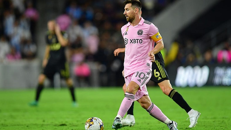 Sep 3, 2023; Los Angeles, California, USA; Inter Miami forward Lionel Messi (10) controls the ball against Los Angeles FC during the first half at BMO Stadium. Mandatory Credit: Gary A. Vasquez-USA TODAY Sports