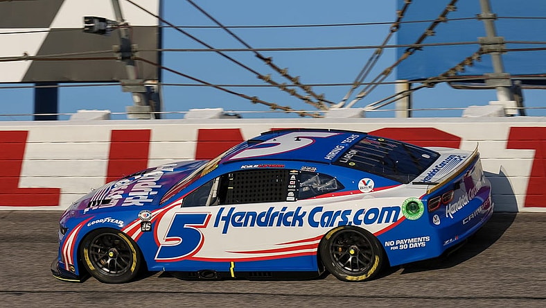 Sep 3, 2023; Darlington, South Carolina, USA; NASCAR Cup Series driver Kyle Larson (5) on track  during the NASCAR Cook Out Southern 500 at Darlington Raceway. Mandatory Credit: David Yeazell-USA TODAY Sports
