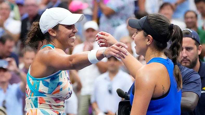 Sept 4, 2023; Flushing, NY, USA; Madison Keys of the USA (left) after beating Jessica Pegula of the USA on day eight of the 2023 U.S. Open tennis tournament at USTA Billie Jean King National Tennis Center. Mandatory Credit: Robert Deutsch-USA TODAY Sports