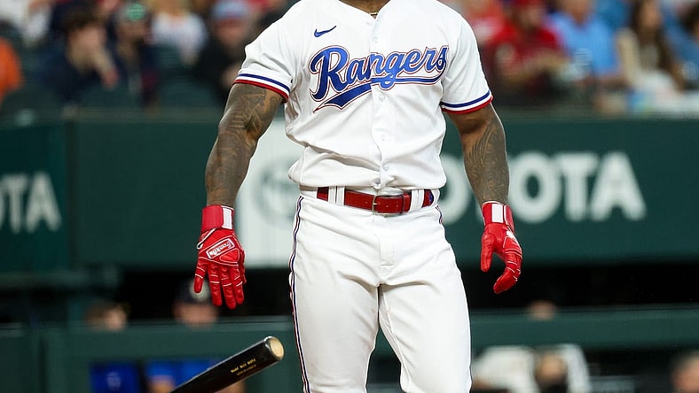 Sep 4, 2023; Arlington, Texas, USA;  Texas Rangers right fielder Adolis Garcia (53) reacts after striking out during the first inning against the Houston Astros at Globe Life Field. Mandatory Credit: Kevin Jairaj-USA TODAY Sports