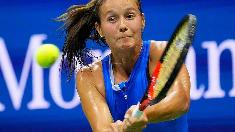 Sept 4, 2023; Flushing, NY, USA; Daria Kasatkina hits to Aryna Sabalenka on day eight of the 2023 U.S. Open tennis tournament at USTA Billie Jean King National Tennis Center. Mandatory Credit: Robert Deutsch-USA TODAY Sports