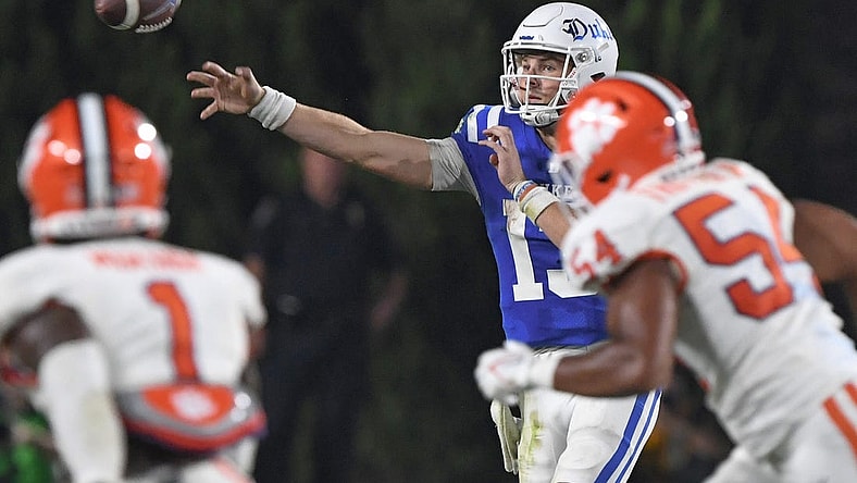 Sep 4, 2023; Durham, North Carolina, USA; Duke Blue Devils quarterback Riley Leonard (13) passes during the second quarter against the Clemson Tigers at Wallace Wade Stadium in Durham, N.C.Mandatory Credit: Ken Ruinard-USA TODAY Sports