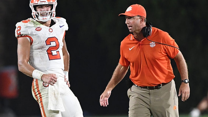 Sep 4, 2023; Durham, North Carolina, USA; Clemson Tigers quarterback Cade Klubnik (2)  talks with head coach Dabo Swinney during the fourth quarter of the season opening game at Wallace Wade Stadium in Durham, N.C. Mandatory Credit: Ken Ruinard-USA TODAY Sports