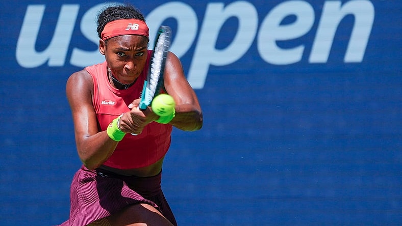 Sept 5, 2023; Flushing, NY, USA; Coco Gauff of the USA hits to Jelena Ostapenko of Latvia on day nine of the 2023 U.S. Open tennis tournament at USTA Billie Jean King National Tennis Center. Mandatory Credit: Robert Deutsch-USA TODAY Sports