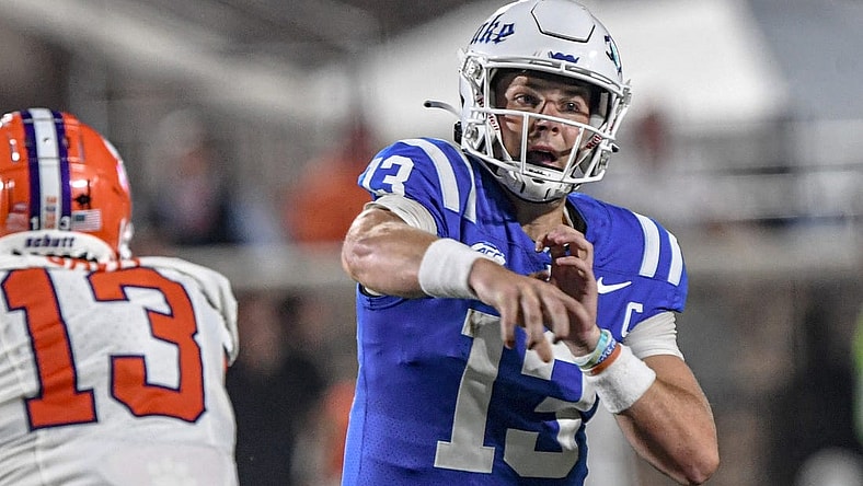 Sep 4, 2023; Durham, North Carolina, USA; Duke University quarterback Riley Leonard (13) passed the ball against Clemson during the first quarter of the season opening game at Wallace Wade Stadium in Durham, N.C. Monday, Sept 4, 2023. Mandatory Credit: Ken Ruinard-USA TODAY Sports