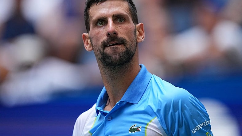 Sep 5, 2023; Flushing, NY, USA; Novak Djokovic of Serbia reacts after winning a game against Taylor Fritz of the United States on day nine of the 2023 U.S. Open tennis tournament at USTA Billie Jean King National Tennis Center. Mandatory Credit: Danielle Parhizkaran-USA TODAY Sports