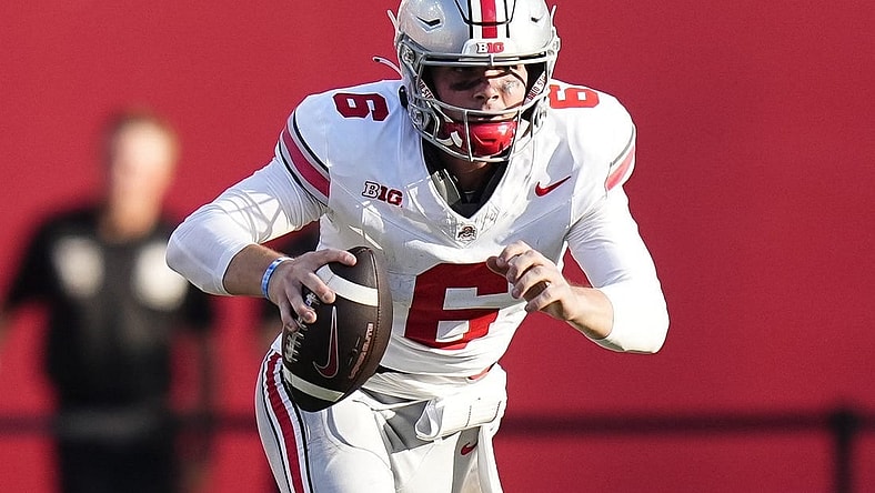 Sep 2, 2023; Bloomington, Indiana, USA; Ohio State Buckeyes quarterback Kyle McCord (6) runs during the NCAA football game at Indiana University Memorial Stadium. Ohio State won 23-3.