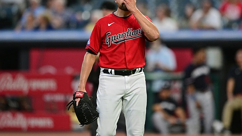 Sep 5, 2023; Cleveland, Ohio, USA; Cleveland Guardians relief pitcher Matt Moore (55) reacts after giving up a home run during the sixth inning against the Minnesota Twins at Progressive Field. Mandatory Credit: Ken Blaze-USA TODAY Sports