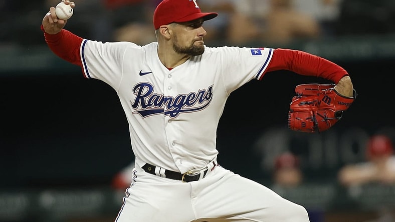 Sep 5, 2023; Arlington, Texas, USA; Texas Rangers starting pitcher Nathan Eovaldi (17) throws a pitch in the first inning against the Houston Astros at Globe Life Field. Mandatory Credit: Tim Heitman-USA TODAY Sports