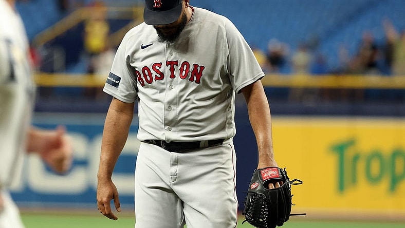 Sep 5, 2023; St. Petersburg, Florida, USA; Boston Red Sox relief pitcher Kenley Jansen (74) reacts as they lost to the Tampa Bay Rays at Tropicana Field. Mandatory Credit: Kim Klement Neitzel-USA TODAY Sports