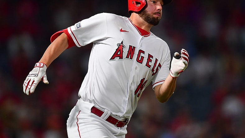 Sep 5, 2023; Anaheim, California, USA; Los Angeles Angels first baseman Nolan Schanuel (18) runs after hitting a single against the Baltimore Orioles during the seventh inning at Angel Stadium. Mandatory Credit: Gary A. Vasquez-USA TODAY Sports