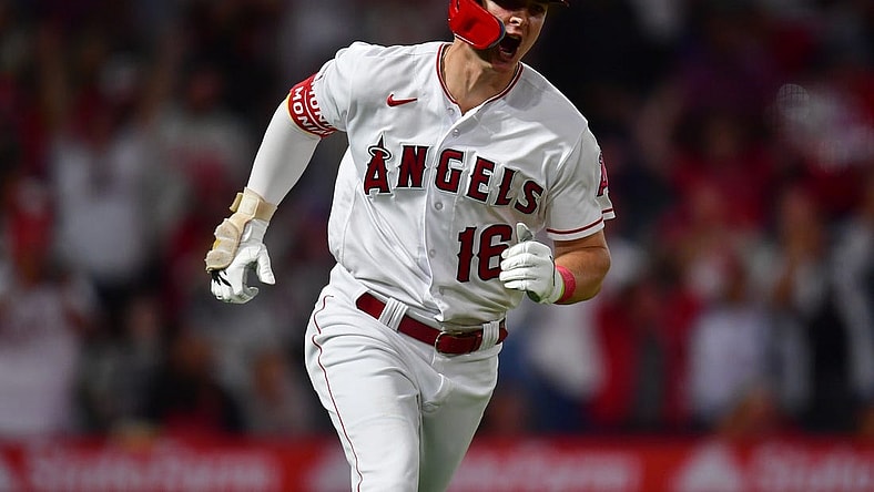 Sep 5, 2023; Anaheim, California, USA; Los Angeles Angels center fielder Mickey Moniak (16) reacts after hititng an RBI single against the Baltimore Orioles during the ninth inning at Angel Stadium. Mandatory Credit: Gary A. Vasquez-USA TODAY Sports