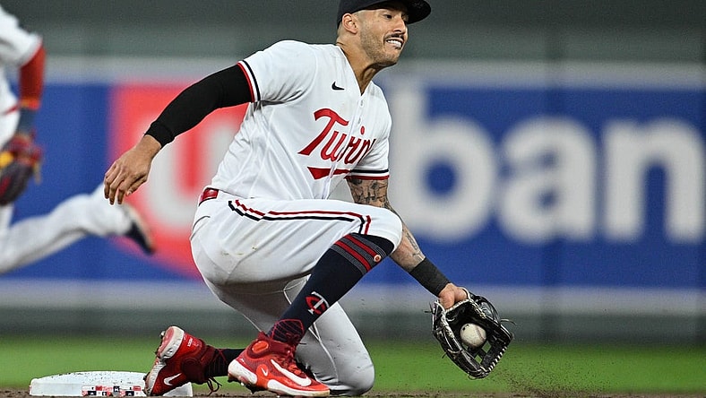 Aug 26, 2023; Minneapolis, Minnesota, USA; Minnesota Twins shortstop Carlos Correa (4) in action against the Texas Rangers during the eighth inning at Target Field. Mandatory Credit: Jeffrey Becker-USA TODAY Sports