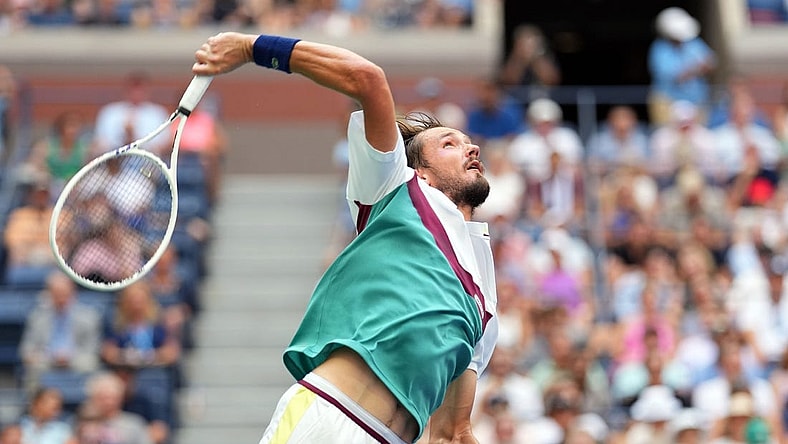 Sep 6, 2023; Flushing, NY, USA; Daniil Medvedev serves to Andrey Rublev on day ten of the 2023 U.S. Open tennis tournament at USTA Billie Jean King National Tennis Center. Mandatory Credit: Danielle Parhizkaran-USA TODAY Sports