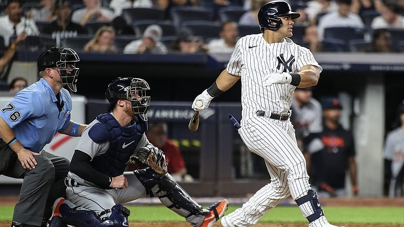 Sep 6, 2023; Bronx, New York, USA;  New York Yankees center fielder Jasson Dominguez (89) hits an RBI single in the fourth inning against the Detroit Tigers at Yankee Stadium. Mandatory Credit: Wendell Cruz-USA TODAY Sports