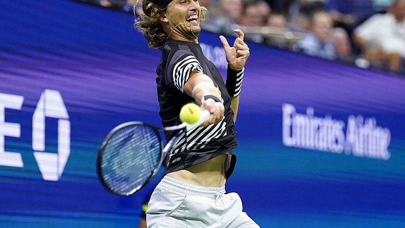 Sep 6, 2023; Flushing, NY, USA; Alexander Zverev of Germany hits to Carlos Alcaraz of Spain on day ten of the 2023 U.S. Open tennis tournament at USTA Billie Jean King National Tennis Center. Mandatory Credit: Danielle Parhizkaran-USA TODAY Sports