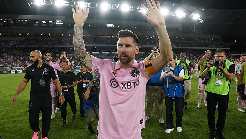 Sep 3, 2023; Los Angeles, California, USA; Inter Miami CF forward Lionel Messi (10) gestures after the game against LAFC at BMO Stadium. Mandatory Credit: Kirby Lee-USA TODAY Sports