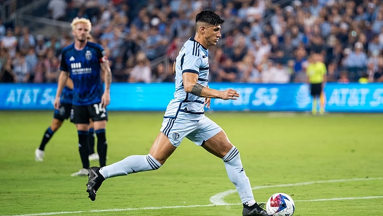 Aug 26, 2023; Kansas City, Kansas, USA; Sporting Kansas City forward Alan Pulido (9) controls the ball during the second half against the San Jose Earthquakes at Children's Mercy Park. Mandatory Credit: Jay Biggerstaff-USA TODAY Sports
