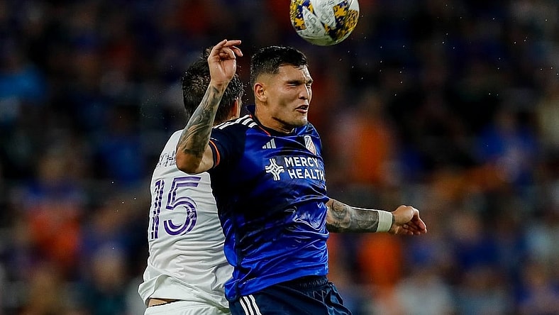Sep 2, 2023; Cincinnati, Ohio, USA; FC Cincinnati forward Brandon Vazquez (19) heads the ball against Orlando City SC defender Rodrigo Schlegel (15) in the second half at TQL Stadium. Mandatory Credit: Katie Stratman-USA TODAY Sports