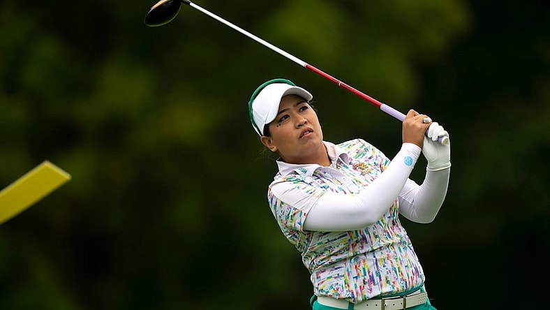 Ruixin Liu, of Guangdong, China, looks on after teeing off during round 1 of the 2023 Kroger Queen City Championship in at Kenwood Country Club in Madeira, Ohio, on Thursday, Sept. 7, 2023.