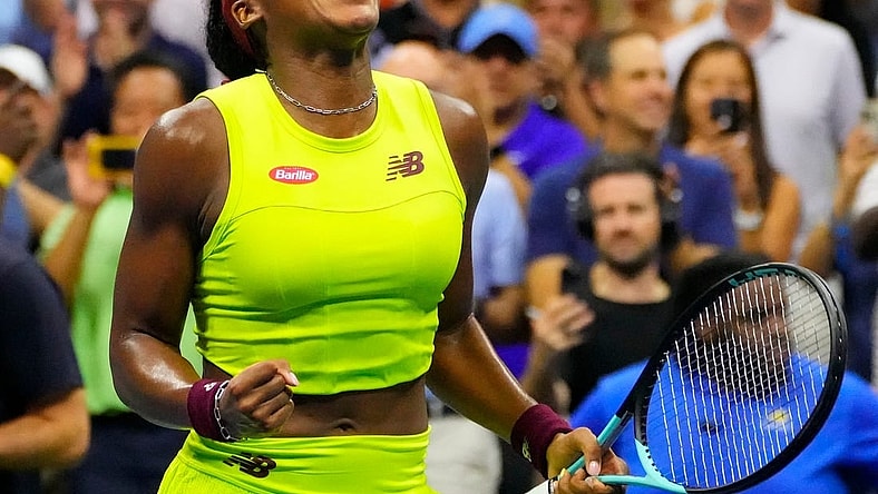 Sept 7, 2023; Flushing, NY, USA;  Coco Gauff of the USA after beating Karolina Muchova of Czech Republic in a women s singles semifinal on day eleven of the 2023 U.S. Open tennis tournament at USTA Billie Jean King National Tennis Center. Mandatory Credit: Robert Deutsch-USA TODAY Sports