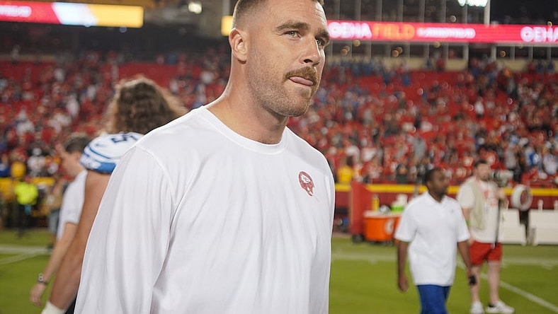 Sep 7, 2023; Kansas City, Missouri, USA; Kansas City Chiefs tight end Travis Kelce (87) on field against the Detroit Lions after the game at GEHA Field at Arrowhead Stadium. Mandatory Credit: Denny Medley-USA TODAY Sports