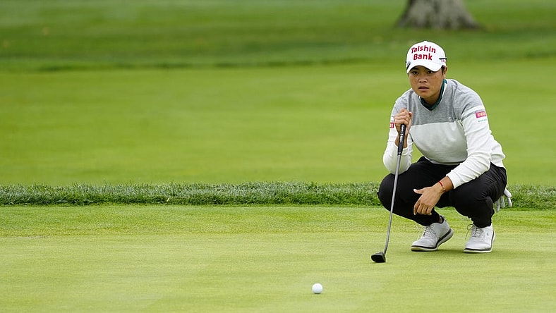 Sep 8, 2023; Madeira, OH, USA;  Peiyun Chien, from Pingtung, Chinese Taipei, sizes up a putt on the 9th green in the 2023 Kroger Queen City Championship presented by P&G at Kenwood Country Club in Madeira, Ohio, Friday, Sept. 8, 2023. Mandatory Credit: Liz Dufour-USA TODAY Sports