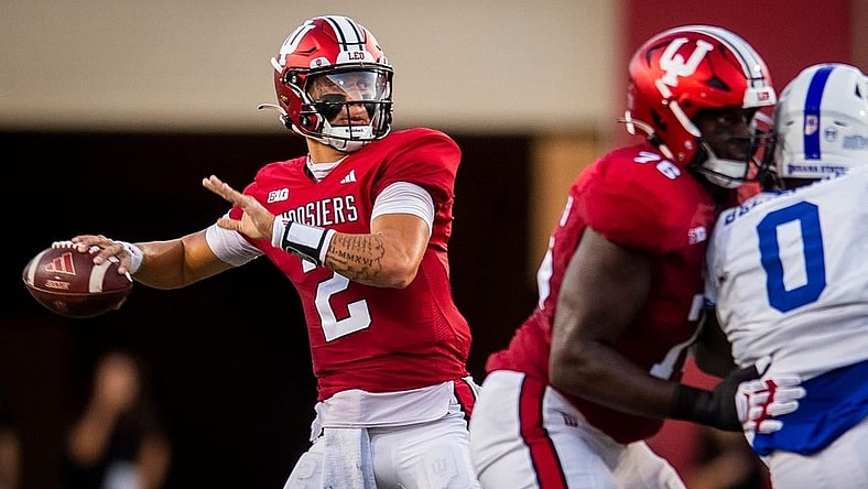 Indiana's Tayven Jackson (2) passes during the first half of the Indiana versus Indiana State football game at Memorial Stadium on Friday, Sept. 8, 2023.
