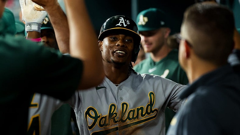 Sep 8, 2023; Arlington, Texas, USA;  Oakland Athletics center fielder Esteury Ruiz (1) celebrates with teammates after hitting a home run during the fifth inning against the Texas Rangers at Globe Life Field. Mandatory Credit: Kevin Jairaj-USA TODAY Sports