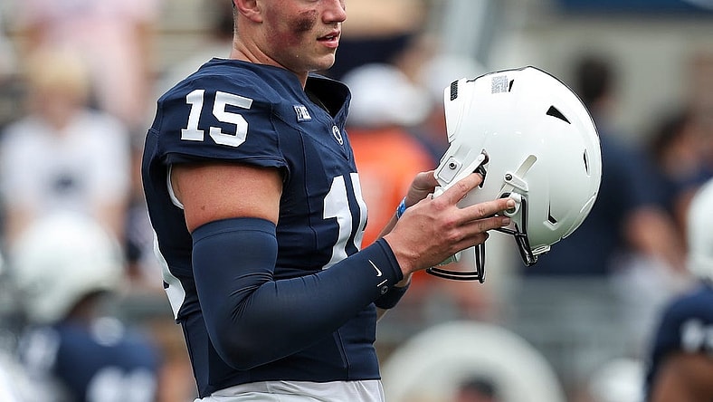 Sep 9, 2023; University Park, Pennsylvania, USA; Penn State Nittany Lions quarterback Drew Allar (15) looks on from the field during a warm up prior to the game against the Delaware Fightin' Blue Hens at Beaver Stadium. Mandatory Credit: Matthew O'Haren-USA TODAY Sports