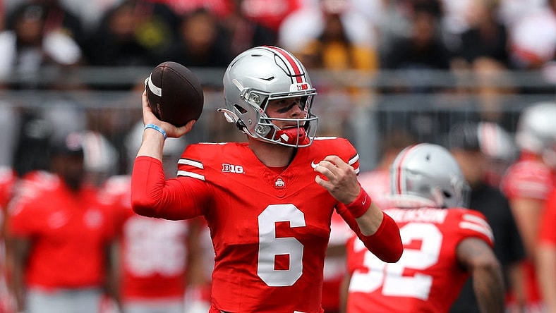 Sep 9, 2023; Columbus, Ohio, USA;  Ohio State Buckeyes quarterback Kyle McCord (6) drops to throw during the first quarter against the Youngstown State Penguins at Ohio Stadium. Mandatory Credit: Joseph Maiorana-USA TODAY Sports