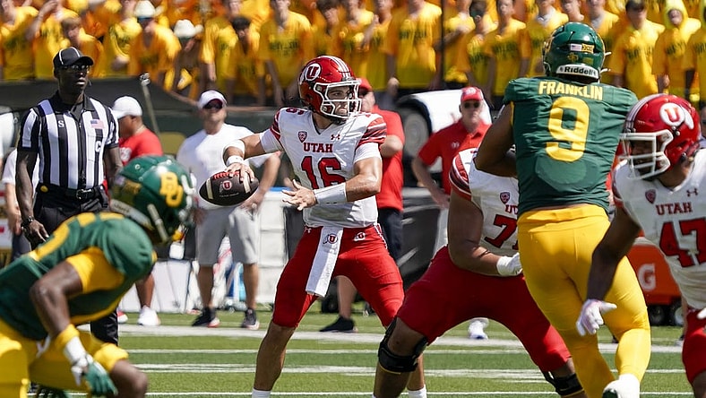 Sep 9, 2023; Waco, Texas, USA; Utah Utes quarterback Bryson Barnes (16) stands in the pocket against the Baylor Bears during the first half at McLane Stadium. Mandatory Credit: Raymond Carlin III-USA TODAY Sports