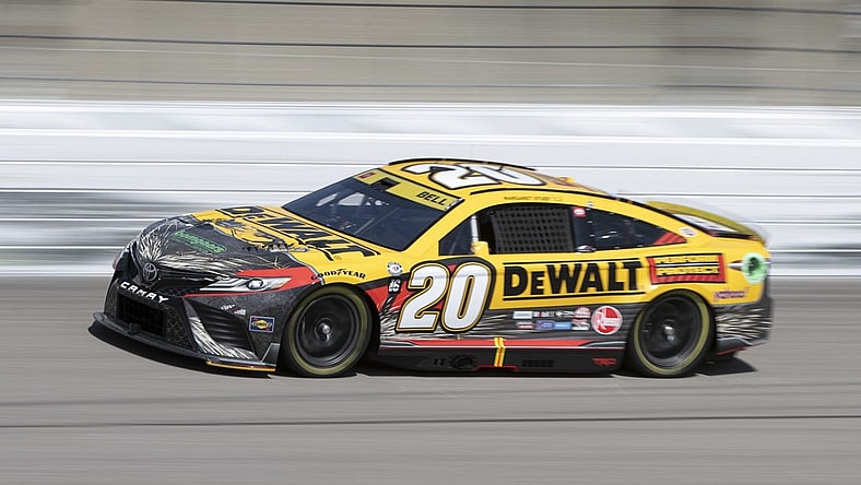 Sep 9, 2023; Kansas City, Kansas, USA; NASCAR Cup Series driver Christopher Bell (20) drives during NASCAR Cup Practice at Kansas Speedway. Mandatory Credit: Amy Kontras-USA TODAY Sports