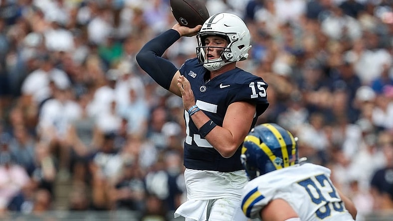 Sep 9, 2023; University Park, Pennsylvania, USA; Penn State Nittany Lions quarterback Drew Allar (15) throws a pass during the first quarter against the Delaware Fightin' Blue Hens at Beaver Stadium. Mandatory Credit: Matthew O'Haren-USA TODAY Sports