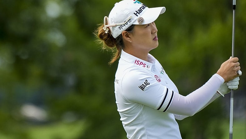 Sep 9, 2023; Cincinnati, Ohio, USA; Minjee Lee, of Perth, Australia, lowers her club after hitting an approach shot on the first hole at the 2023 Kroger Queen City Championship presented by P&G at Kenwood Country Club. Mandatory Credit: Carter Skaggs/The Enquirer-USA TODAY Sports