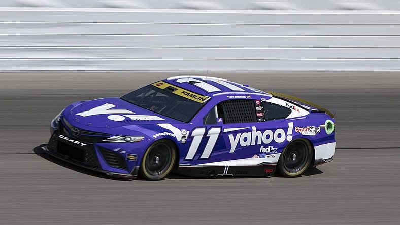 Sep 9, 2023; Kansas City, Kansas, USA; NASCAR Cup Series driver Denny Hamlin (11) drives during NASCAR Cup Practice at Kansas Speedway. Mandatory Credit: Amy Kontras-USA TODAY Sports