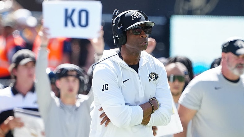Sep 9, 2023; Boulder, Colorado, USA; Colorado Buffaloes head coach Deion Sanders on the sidelines in the third quarter against the Nebraska Cornhuskers at Folsom Field. Mandatory Credit: Ron Chenoy-USA TODAY Sports