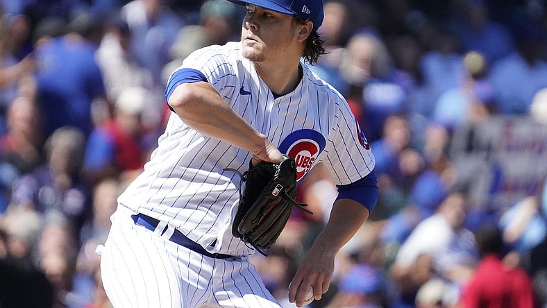 Sep 9, 2023; Chicago, Illinois, USA; Chicago Cubs starting pitcher Justin Steele (35) throws the ball against the Arizona Diamondbacks during the first inning at Wrigley Field. Mandatory Credit: David Banks-USA TODAY Sports
