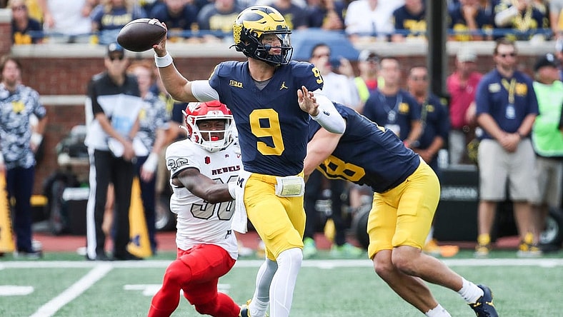 Michigan quarterback J.J. McCarthy (9) makes a pass against UNLV during the first half at Michigan Stadium in Ann Arbor on Saturday, Sept. 9, 2023.