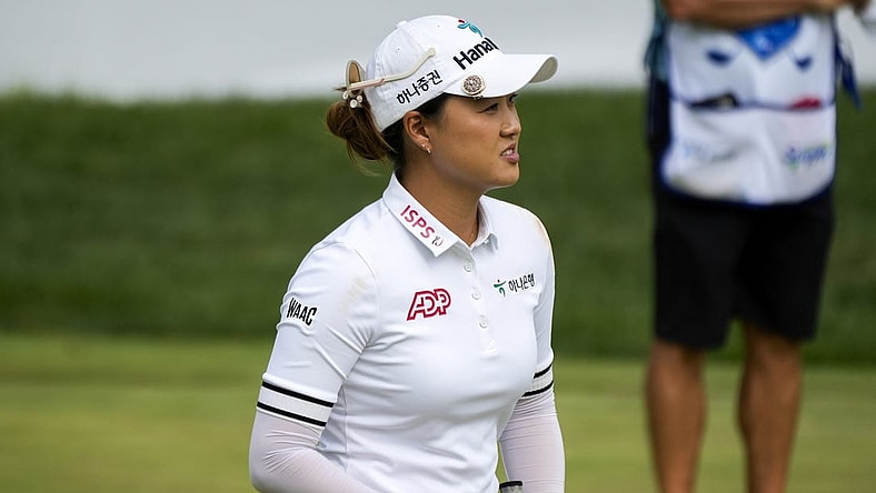 Sep 9, 2023; Cincinnati, Ohio, USA; Minjee Lee, of Perth, Australia, pumps her fist after putting for par on the 18th hole at the 2023 Kroger Queen City Championship presented by P&G at Kenwood Country Club in Madeira, Ohio. Mandatory Credit: Carter Skaggs-USA TODAY Sports