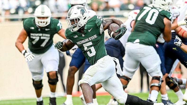 Michigan State's Nathan Carter runs for his third touchdown in the third quarter against Richmond on Saturday, Sept. 9, 2023, at Spartan Stadium in East Lansing.