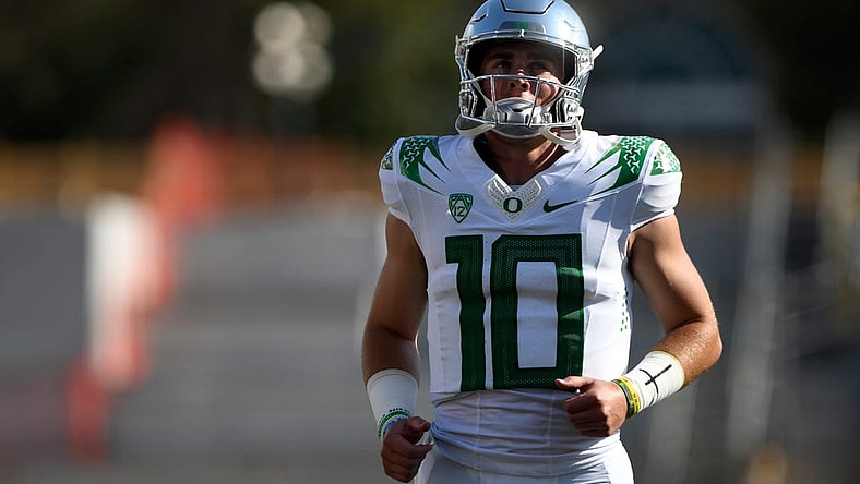 Oregon's quarterback Bo Nix (10) warms up before the game against Texas Tech, Saturday, Sept. 9, 2023, at Jones AT&T Stadium.