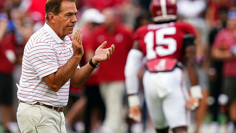 Sep 9, 2023; Tuscaloosa, Alabama, USA; Alabama Crimson Tide head coach Nick Saban cheers on his players before their game against the Texas Longhorns at Bryant-Denny Stadium. Mandatory Credit: John David Mercer-USA TODAY Sports