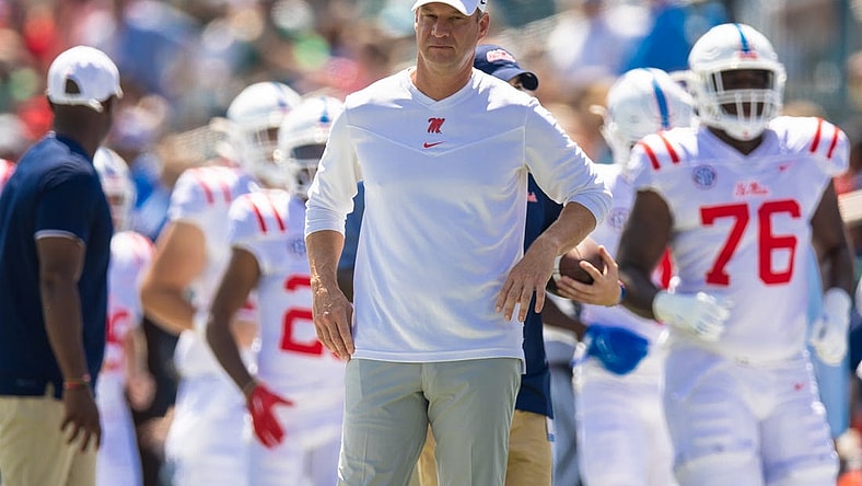 Sep 9, 2023; New Orleans, Louisiana, USA;   Mississippi Rebels head coach Lane Kiffin looks on against the Tulane Green Wave during the first half at Yulman Stadium. Mandatory Credit: Stephen Lew-USA TODAY Sports