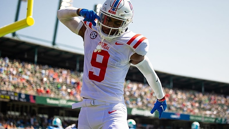 Sep 9, 2023; New Orleans, Louisiana, USA;   Mississippi Rebels wide receiver Tre Harris (9) catches a pass for a touchdown against the Tulane Green Wave during the first half at Yulman Stadium. Mandatory Credit: Stephen Lew-USA TODAY Sports