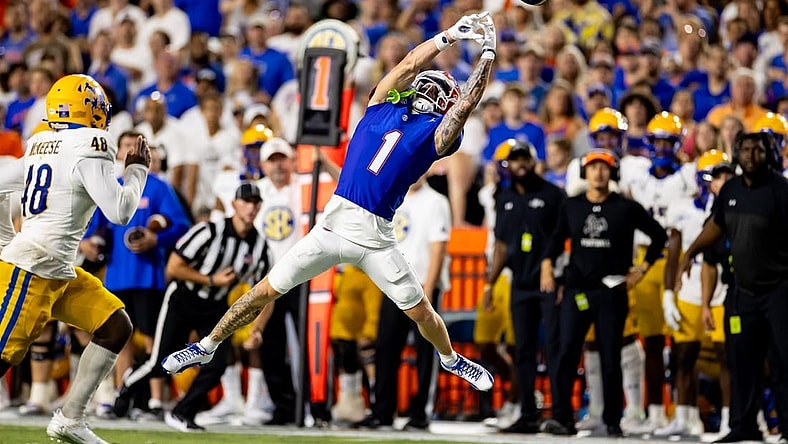 Sep 9, 2023; Gainesville, Florida, USA; Florida Gators wide receiver Ricky Pearsall (1) misses a catch as McNeese State Cowboys linebacker Micah Davey (48) runs to defend during the first half at Ben Hill Griffin Stadium. Mandatory Credit: Matt Pendleton-USA TODAY Sports