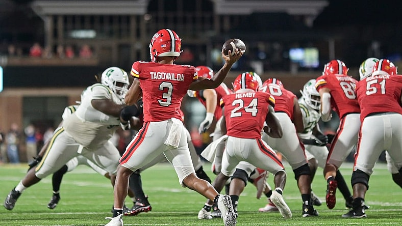 Sep 9, 2023; College Park, Maryland, USA;  Maryland Terrapins quarterback Taulia Tagovailoa (3) throws from the pocket during the first half against the Charlotte 49ers at SECU Stadium. Mandatory Credit: Tommy Gilligan-USA TODAY Sports